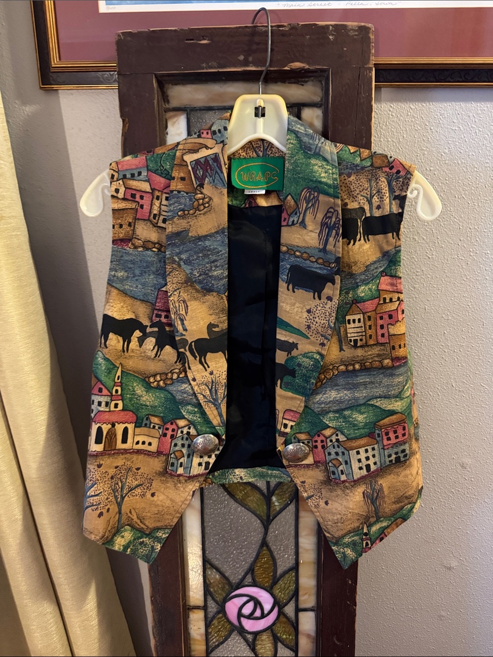 Vintage 90's Wraps Southwestern Vest, Cotton Village Print w/ Silver Conchos, S